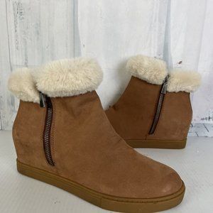Linea Paolo Boots Hidden Wedge Tan Faux Fur Cuff Booties